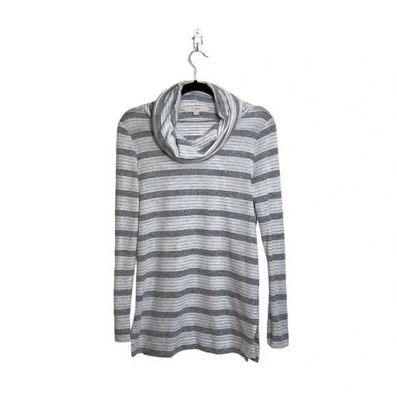 LOFT Light Gray & White Striped Cowl Neck Plush Tunic Sweater Xsmall Women’s - Picture 1 of 10